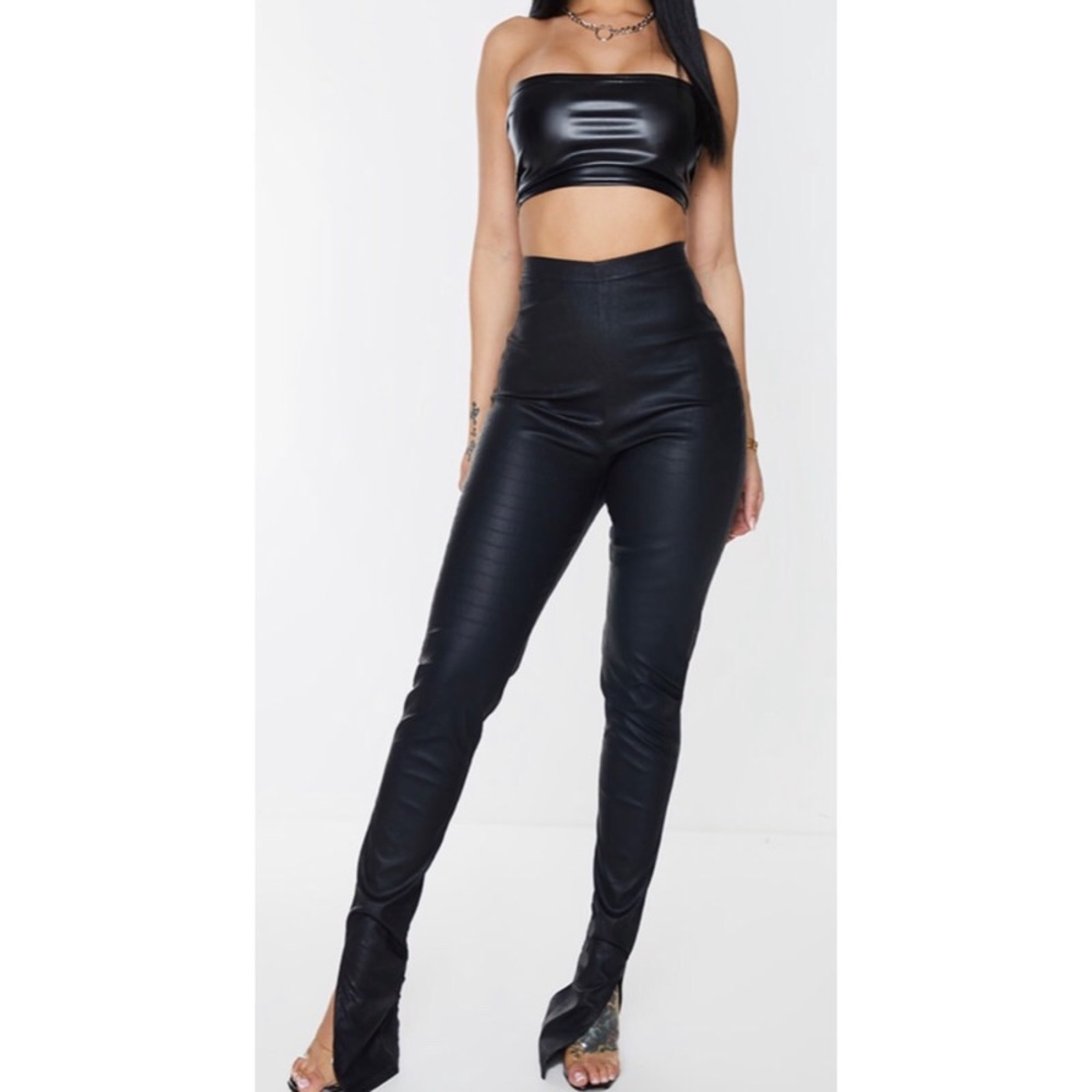 Black croc embossed PU split hem pants